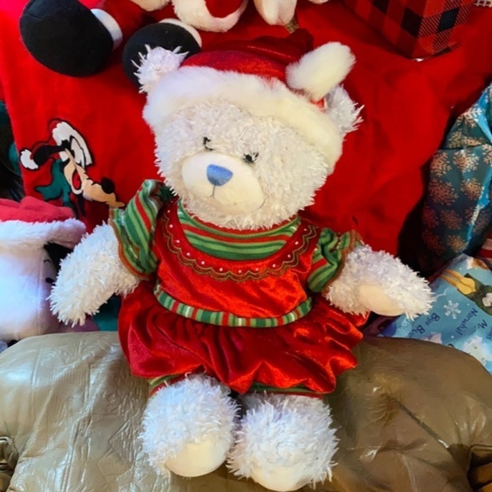 Light blue Christmas Build A Bear in Christmas dress and Santa‎ Claus hat